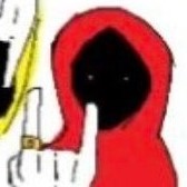A wizard in a red cloak, a shadowy face behind the hood with only two white specks visable as eyes. They wear a gold chain, and are throwing up a wizard gang sign.